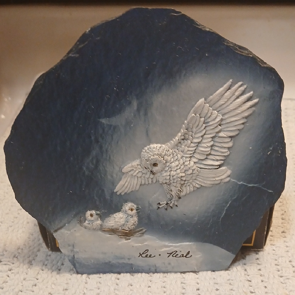 HandcraftedSnowy Owl & Babies Slate Stone Decor- By: Lee & Neal.